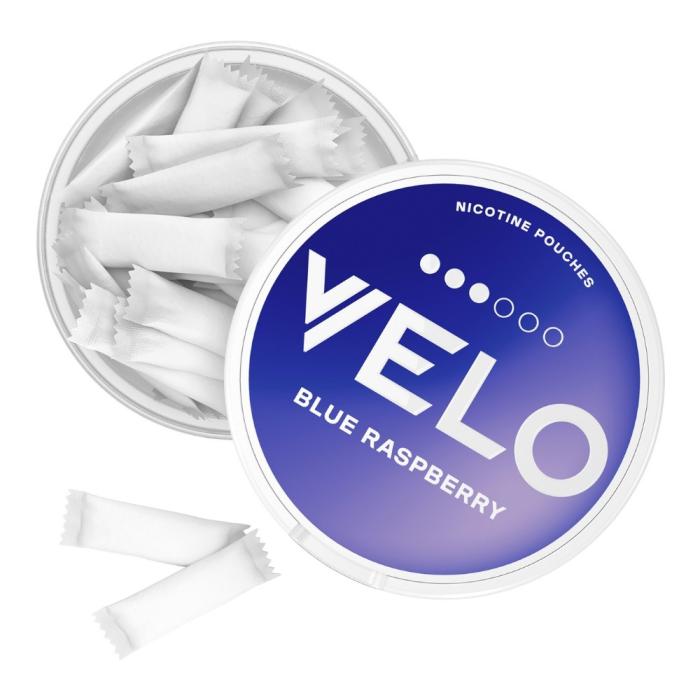 Bild 3, velo blue raspberry oppnad dosa nikotinpåsar